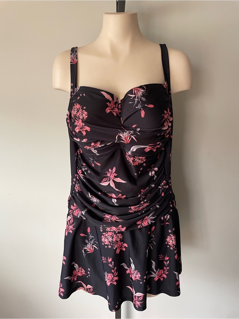 Arie Floral Swim Dress One Piece Tropical Plus Size 2X Black Pink